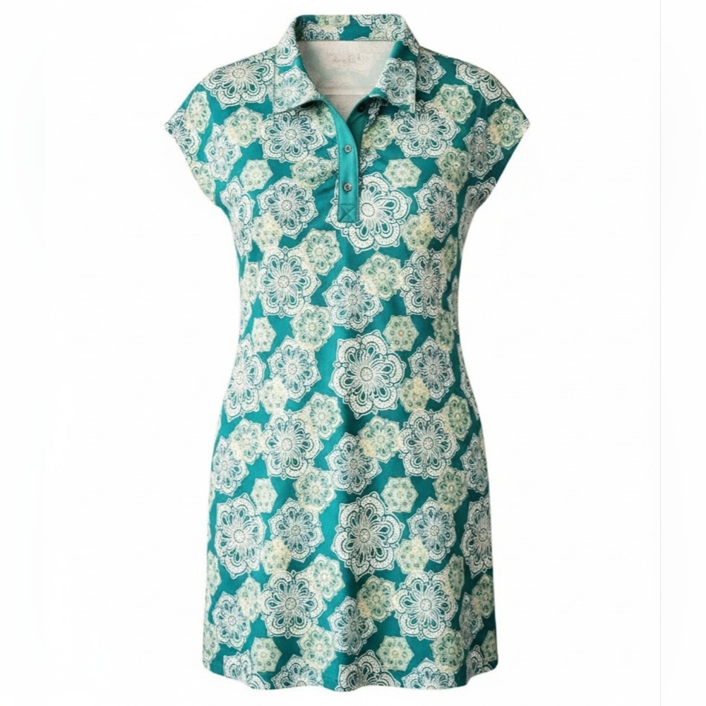 Lola by AFG Teal Floral Polo Dress Small Stretch Summer